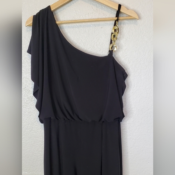 💚5/$25 Emma & Michele Black Gold Chain One-Shoulder Dressy Jumpsuit Wide Leg - Picture 2 of 7